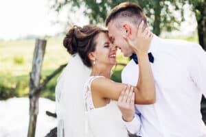 Happy bride and groom on wedding day